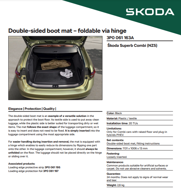 Škoda Superb Estate 2023-2025 Double-sided Boot Mat